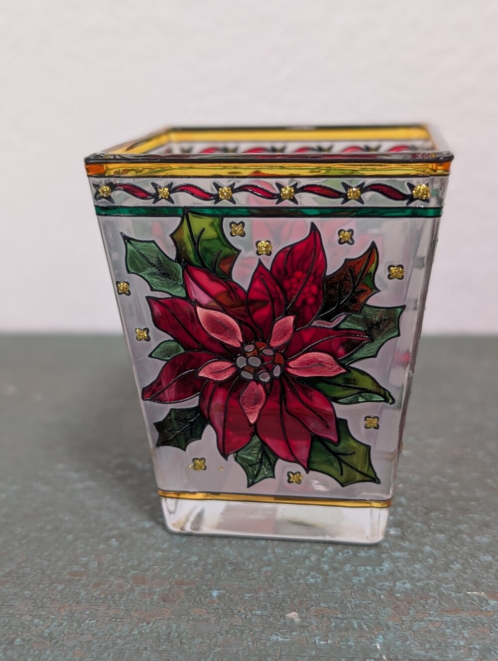 AMIA Poinsettia Hand Painted Stained Glass Candle Votive Holder Denver Colorado